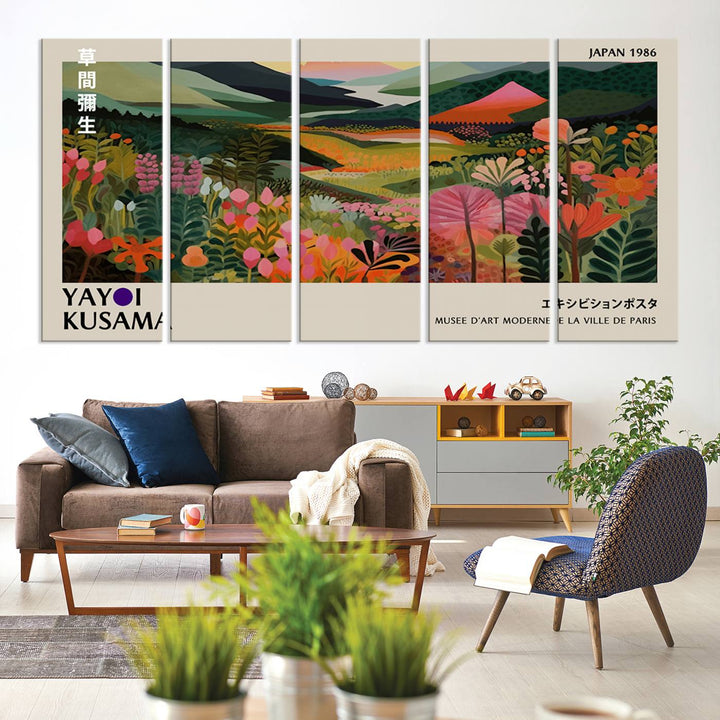 Yayoi Kusamas Landscape Canvas Print with vibrant floral mountain art adorns the wall.