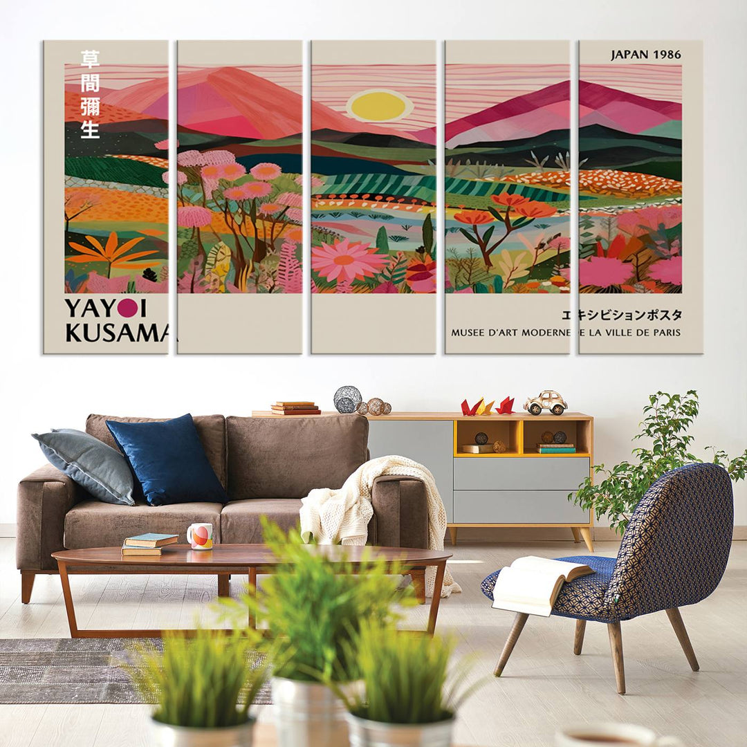 Yayoi Kusama Landscape Canvas Print, featuring a vibrant floral mountain design.