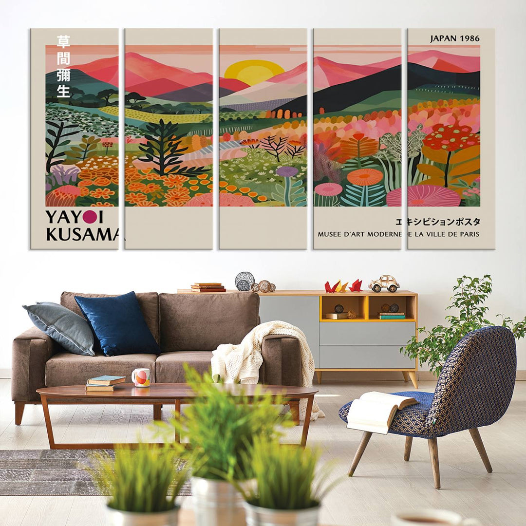 The wall art includes a vintage world map and Yayoi Kusamas colorful landscape.