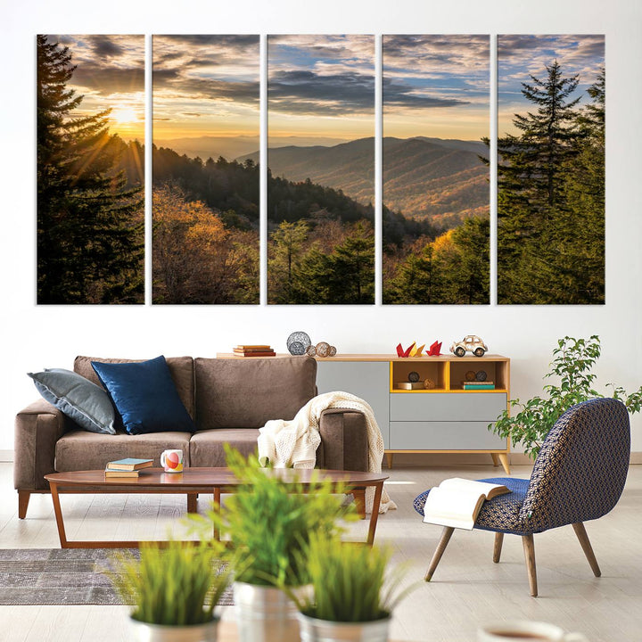 The dining area is beautifully decorated with the Sunrise Over the Smoky Mountains Canvas Wall Art – a breathtaking scenic landscape photography in a stunning triptych that's ready to hang.