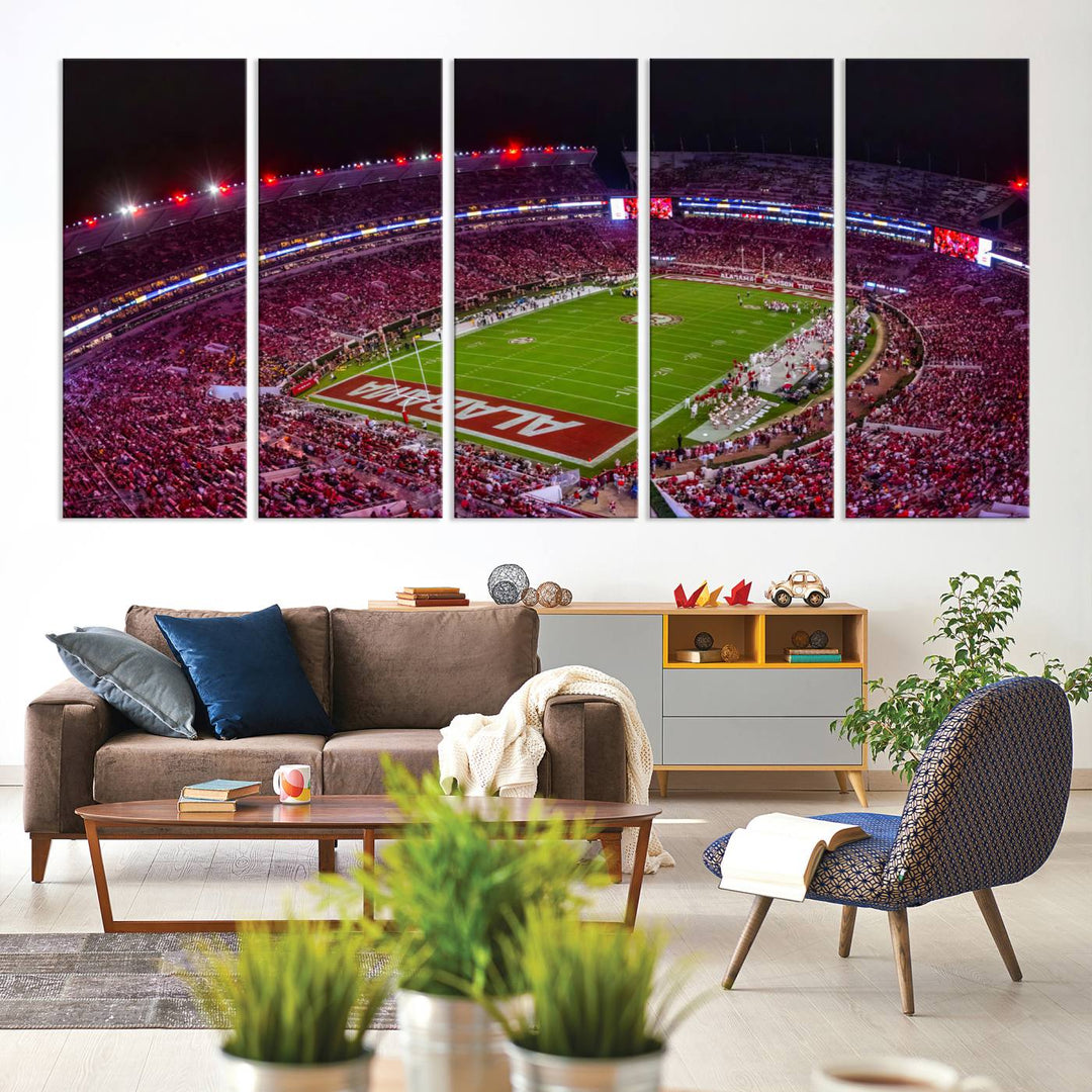 The living room features a Bryant-Denny Stadium Night Game Triple Canvas Wall Art.