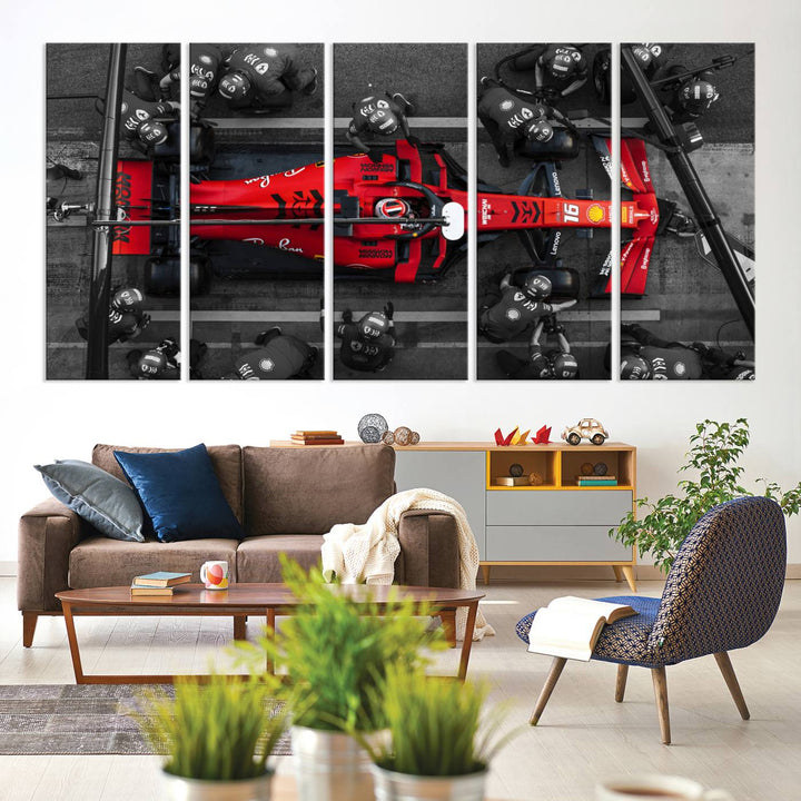 The Ferrari Pit Stop Canvas Wall Art features bold motorsport imagery that captures the precision and speed of Formula 1.