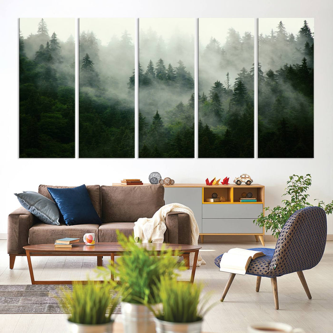 The Misty Forest Wall Art Canvas Print captures a serene, foggy evergreen landscape, evoking a mysterious woodland ambiance.