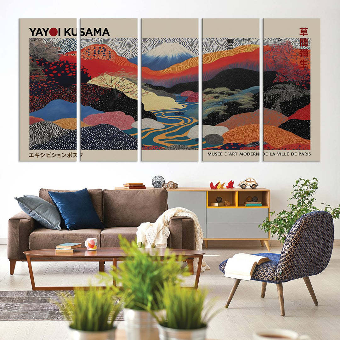 The room showcases Kusamas 1986 vibrant abstract landscape wall art print.