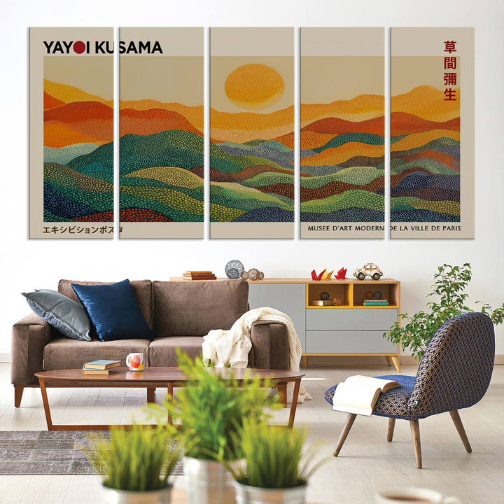 The vibrant abstract landscape depicted in the three-panel "Framed Yayoi Kusama 1986 Wall Art Print" seamlessly integrates nature-inspired décor.