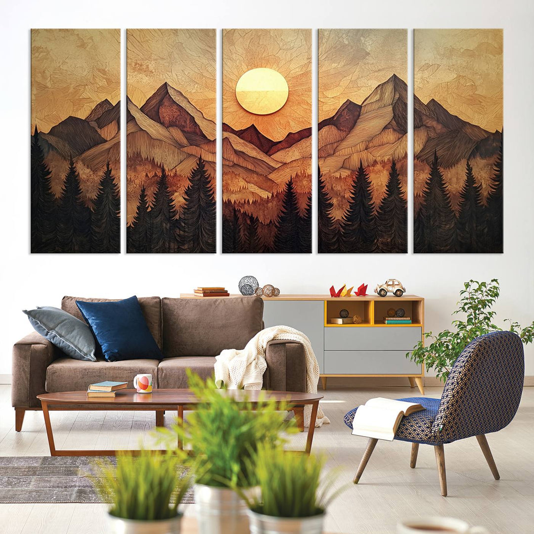 The dining area features a Wood Style Abstract Mountain Sunset canvas wall art print.