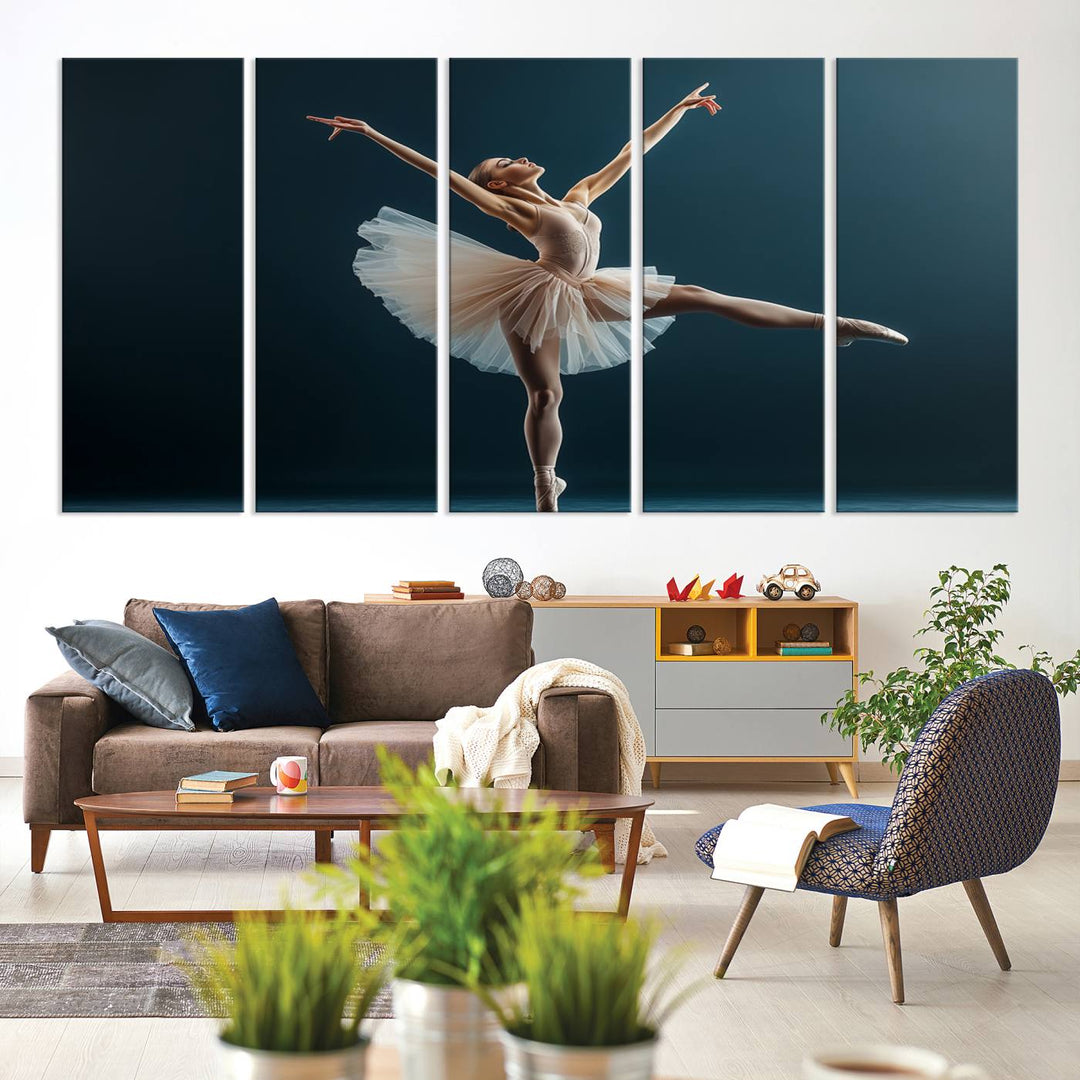 This stunning Ballerina Canvas Wall Art Print captures the elegance of a ballet dancer in motion, beautifully highlighted against a stage-like backdrop with delicate decor and natural elements. As graceful dance-inspired wall decor, it adds an element of grace and movement to any living room, office, or bedroom and is ready to hang.