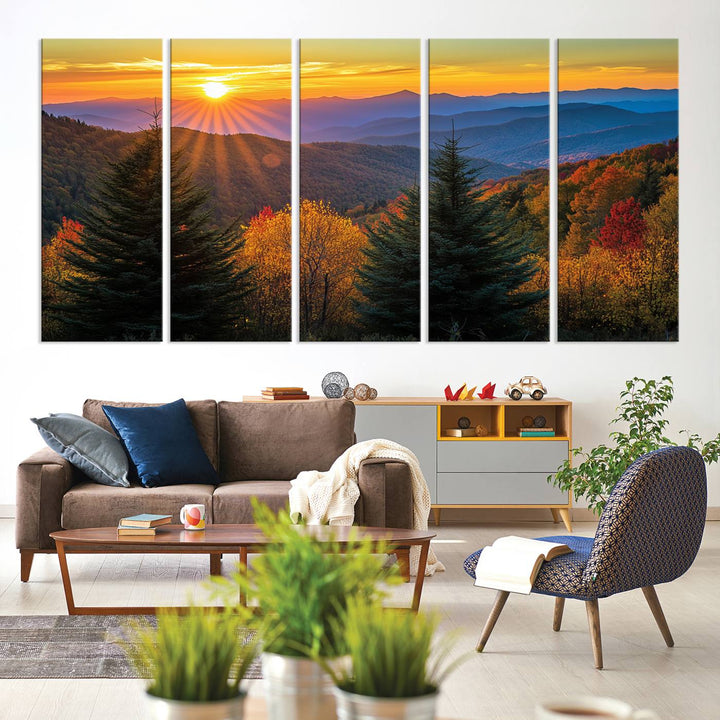 Golden Sunset Over Mountain Forest Canvas Wall Art Print - Warm Nature-Inspired Landscape for Living Room, Dining Room, or Office, Ready to Hang