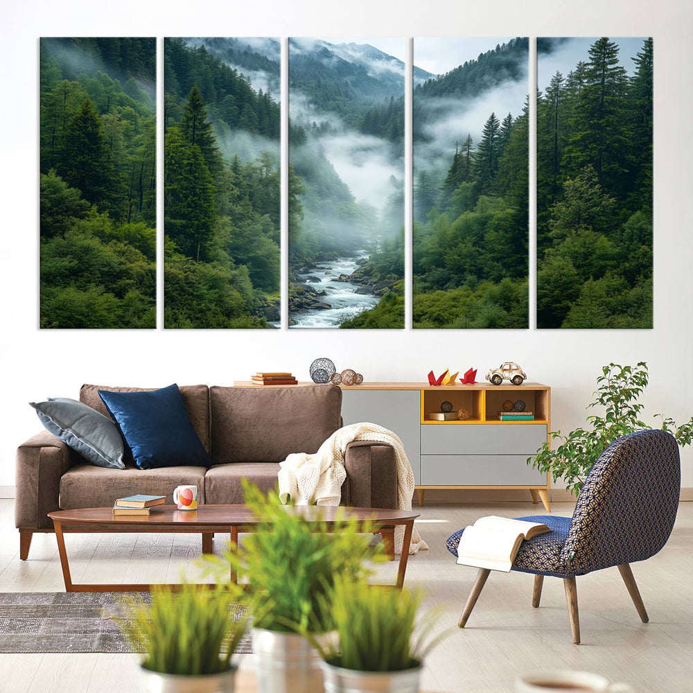 The Mountain Forest River Wall Art adds serenity to a modern living room.