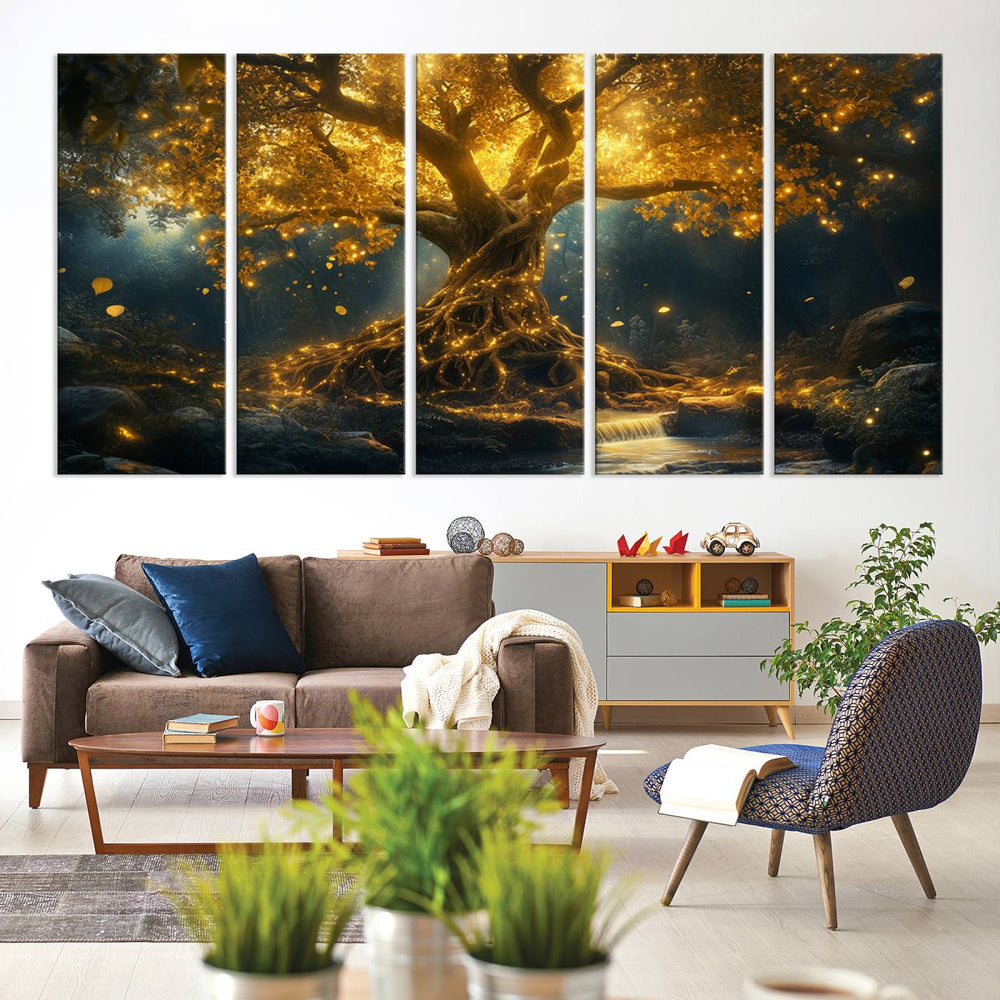 The wall art, titled Mystical Majestic Glowing Tree, hangs above.