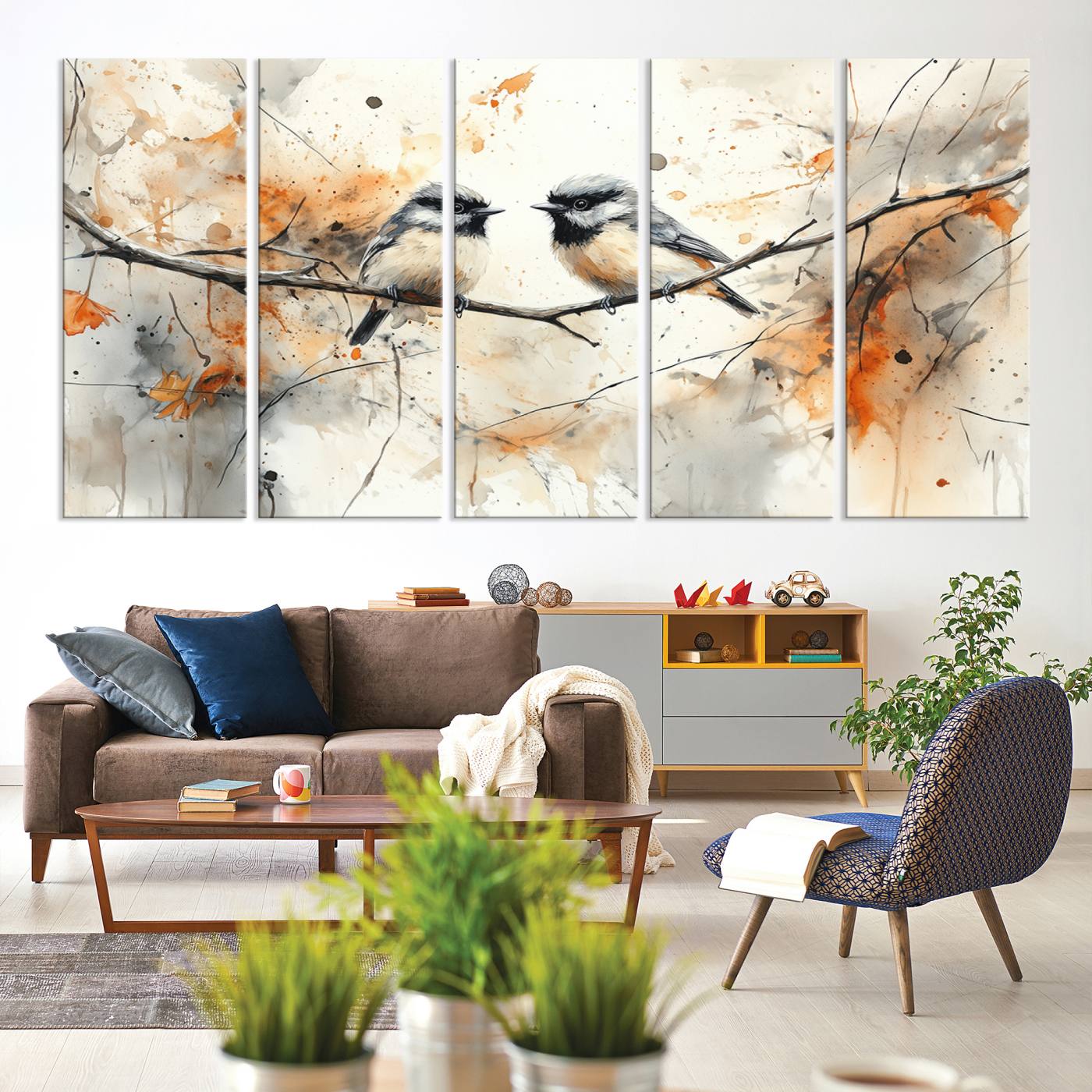 A soft and elegant watercolor painting of two chickadees perched on a delicate branch, surrounded by splashes of orange and neutral tones evoking a calm autumn day.