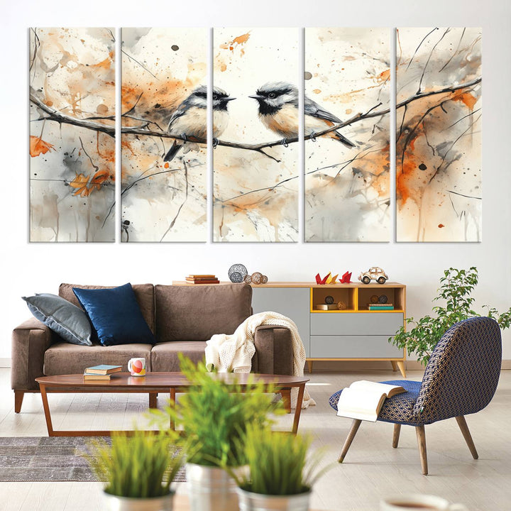 The living room features abstract watercolor chickadee bird art on the wall.