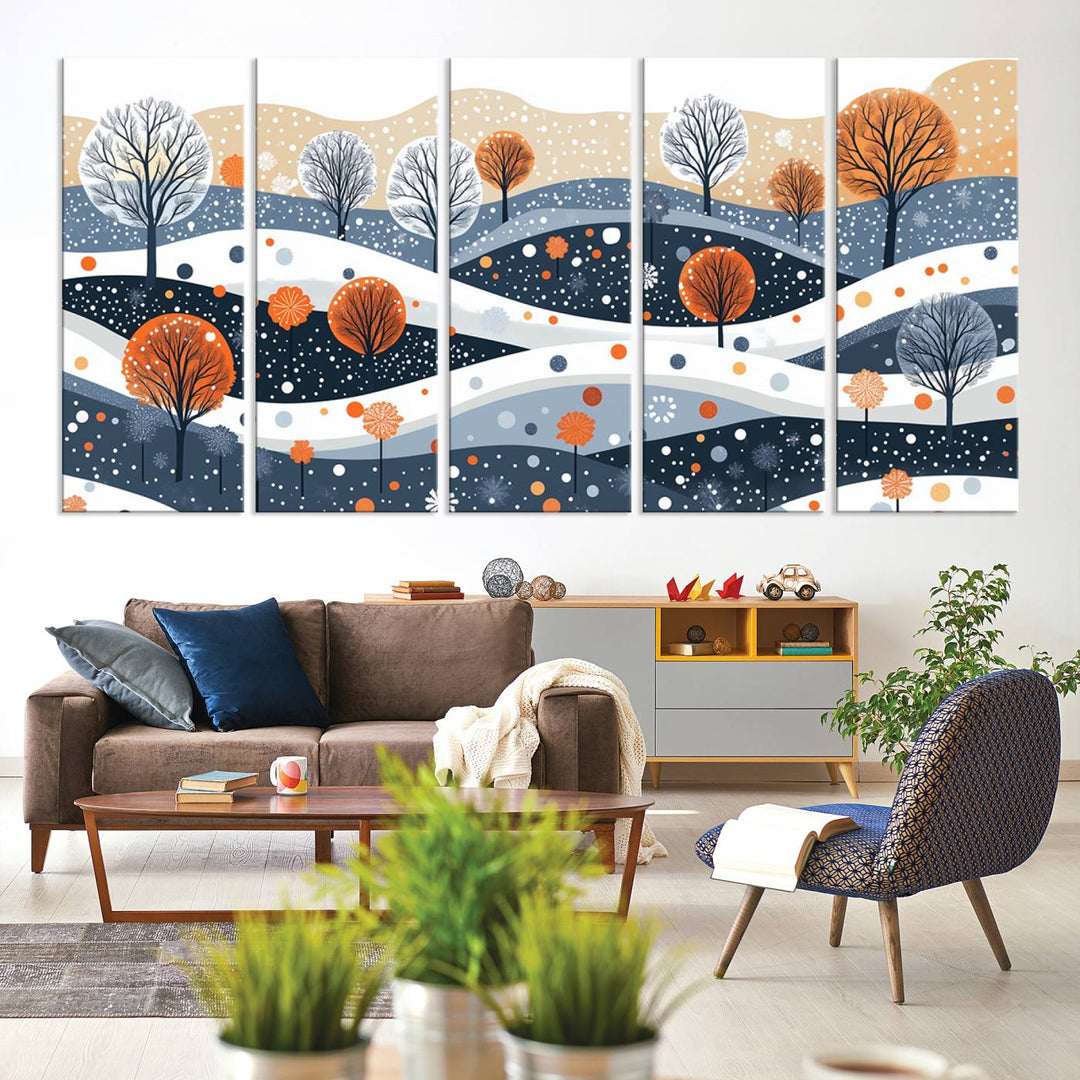 The "Abstract Winter Landscape Canvas Wall Art Print," featuring a triptych of landscapes with trees and hills in vibrant orange, white, and blue hues, adds a gallery-quality finish that transforms the space into an art lover's dream.