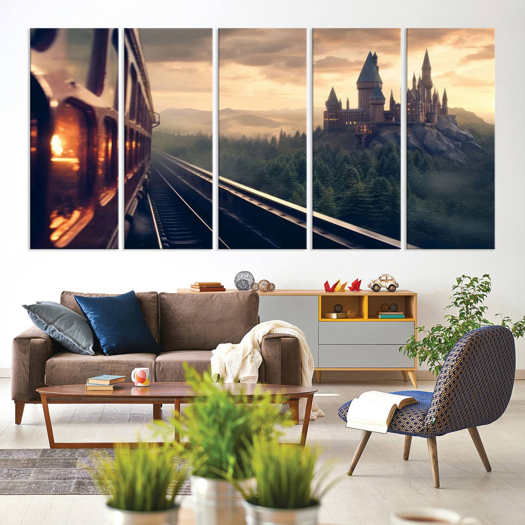 The "Harry Castle Wall Art Canvas Print," depicting a train and castle at sunrise, is elegantly featured with its gallery-quality finish in the modern living room.