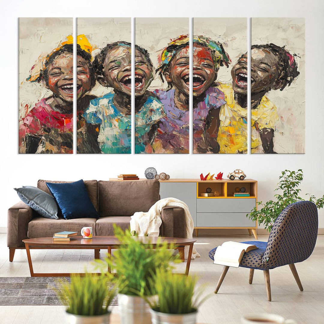 The Shai Yossef style "Joyful Childhood Canvas Wall Art" beautifully depicts an expressive impasto painting of three cheerful black children laughing, capturing the joyous essence of childhood.