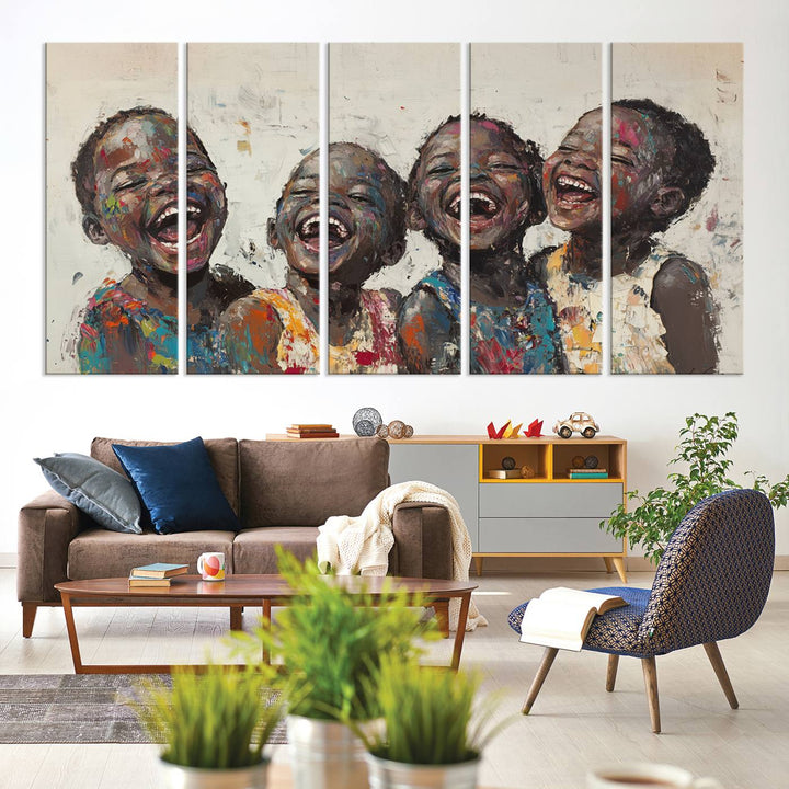 This Shai Yossef Print - Joyful Childhood Canvas Wall Art is an expressive impasto painting of laughing children. As framed abstract art for your living room, it adds a touch reminiscent of Shai Yossef's unique style to any living space.