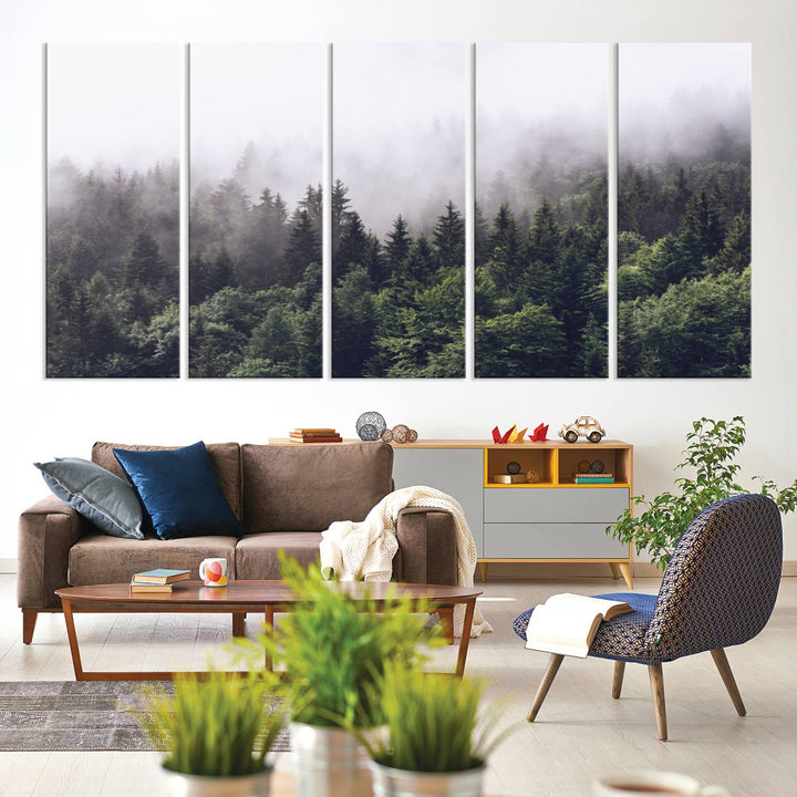 A serene triptych nature print featuring a misty forest, perfect as wall art.