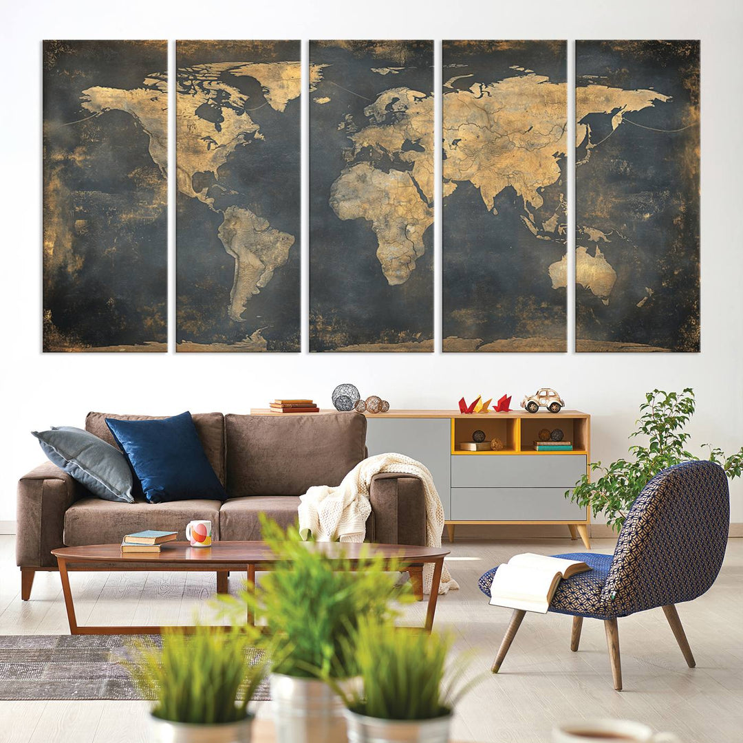 Grunge World Map Canvas Wall Art - Vintage Aged World Map with Golden Tones, Framed Artwork for Living Room, Office, or Study Decor