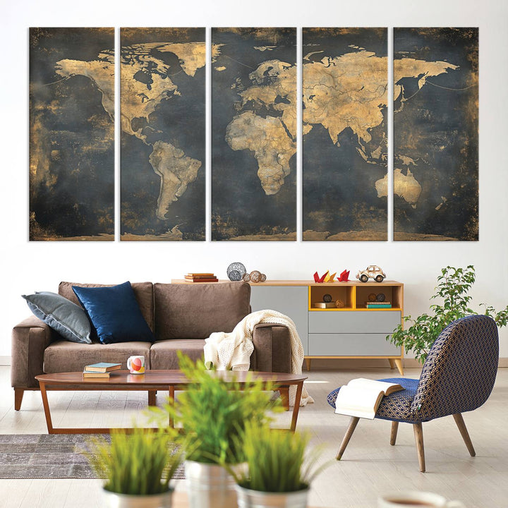 Grunge World Map Canvas Wall Art - Vintage Aged World Map with Golden Tones, Framed Artwork for Living Room, Office, or Study Decor