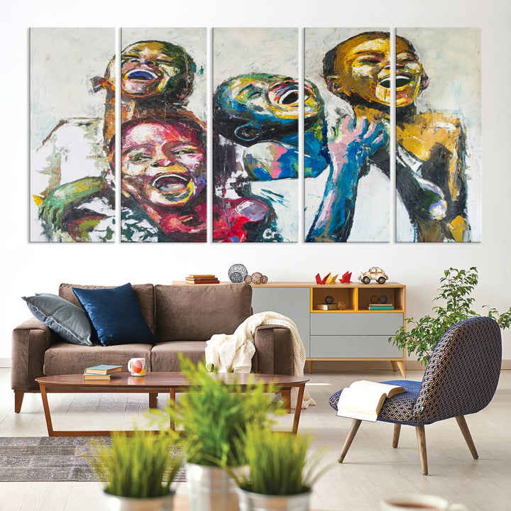 A vibrant Shai Yossef canvas art of joyful kids hangs prominently.