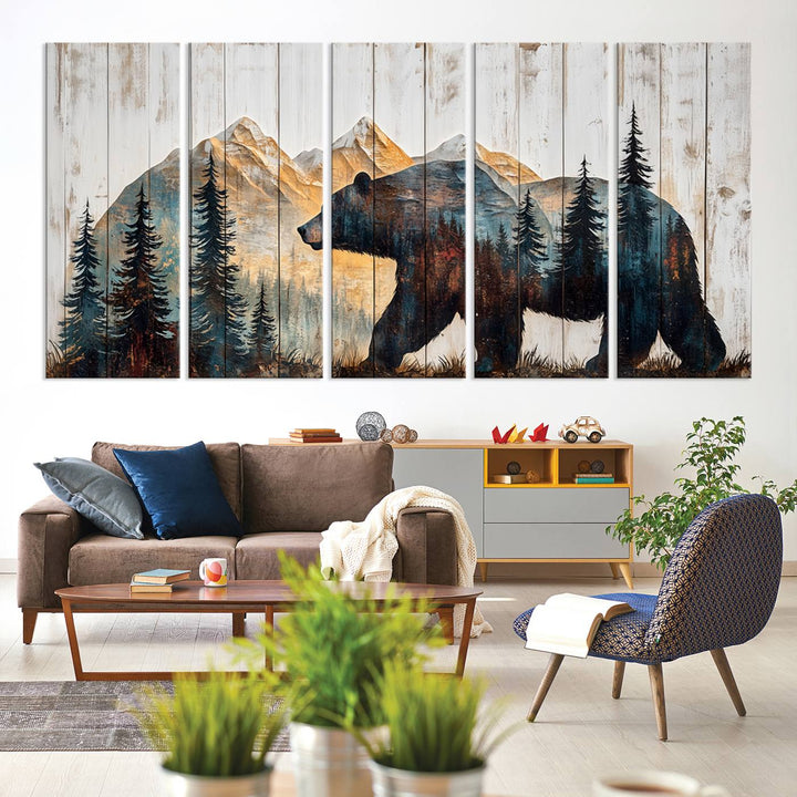 Rustic Bear Wall Art - Grizzly 399 Bear Wall Art - Mountain Wood Canvas Wall Art - Nature Theme Framed Artwork with Forest Silhouette