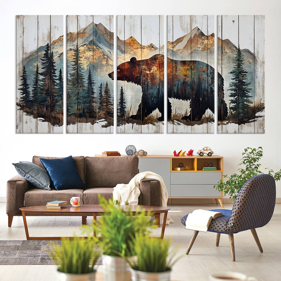 The living room features Rustic Grizzly 399 bear wall art, adding a cozy touch to the setup.