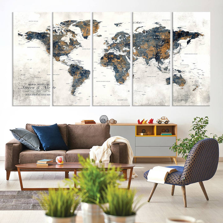 A smiling woman proudly holds the Personalized Push Pin Map Wall Art Print - Detailed Custom World Map Canvas Print in front of a white wall, perfect for travel enthusiasts eager to mark their adventures.