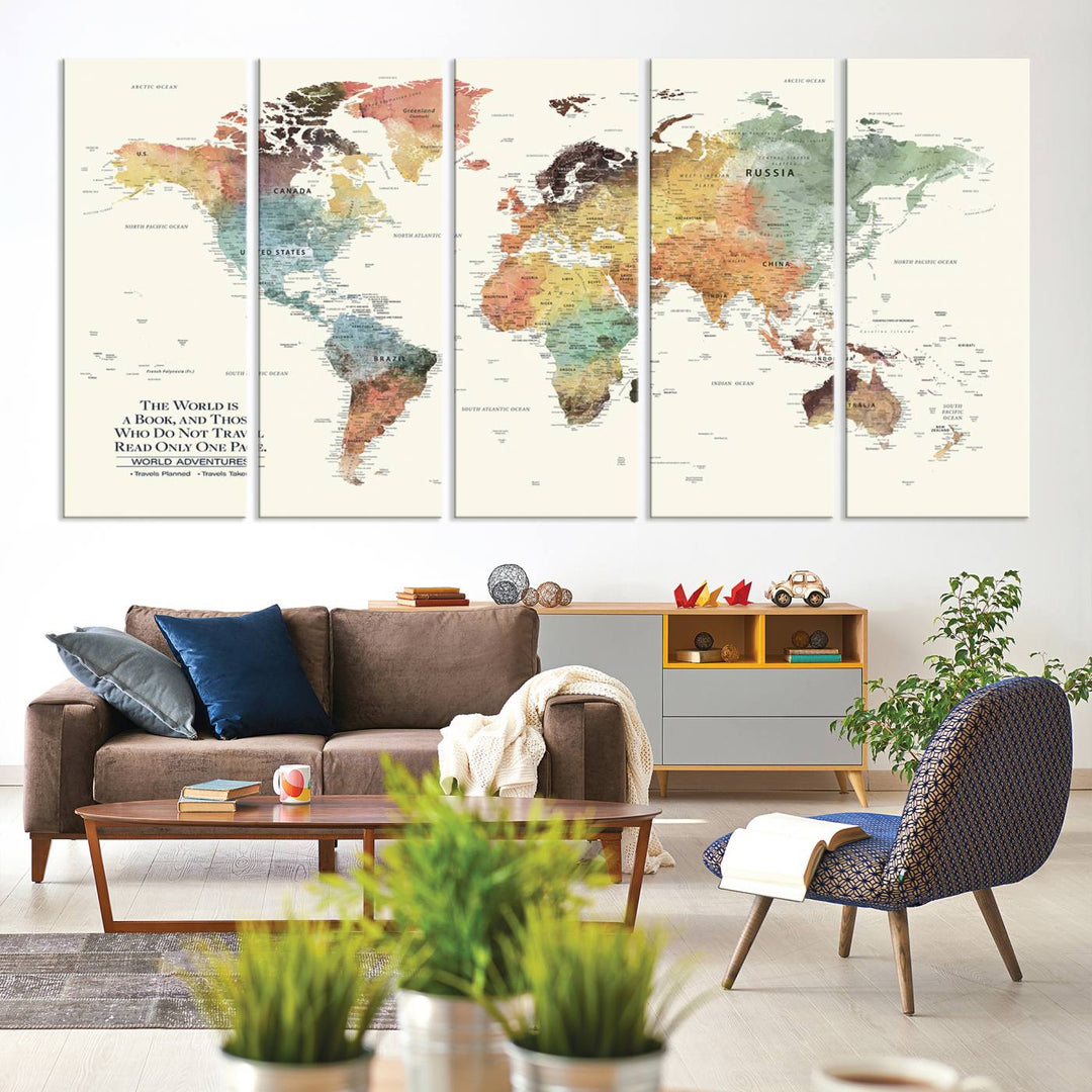 A colorful Personalized World Map Canvas Print, ideal as wall art for living room or office.