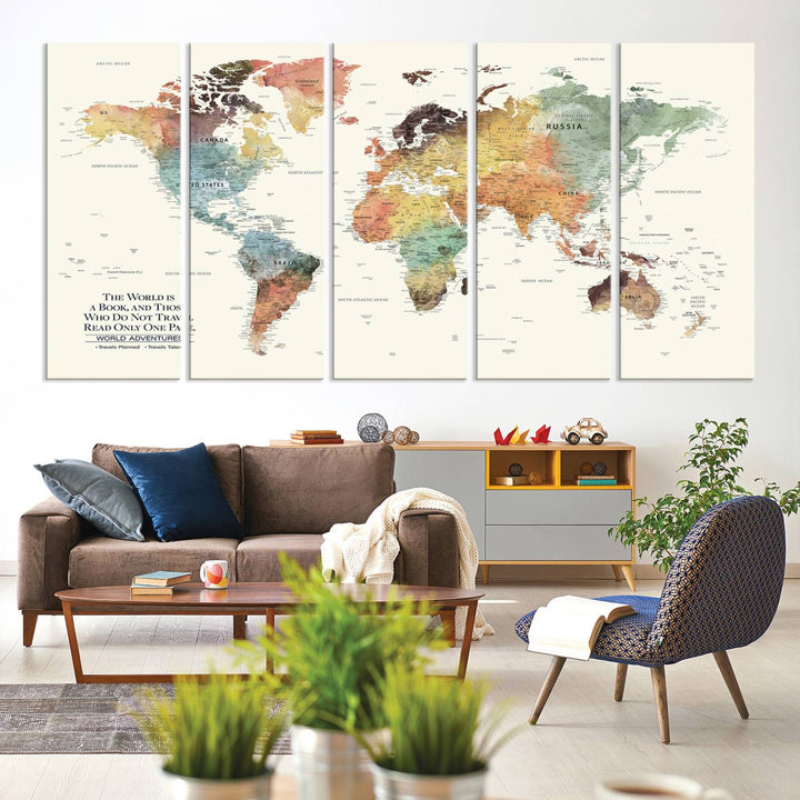 A colorful Personalized World Map Canvas Print, ideal as wall art for living room or office.