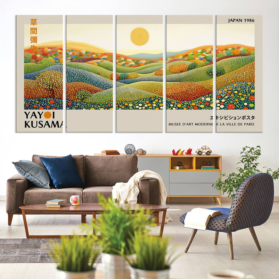 The Yayoi Kusama Wall Art Print – Wabi Sabi Japanese wall art features a vibrant abstract landscape design with dotted patterns and a bright yellow sun.