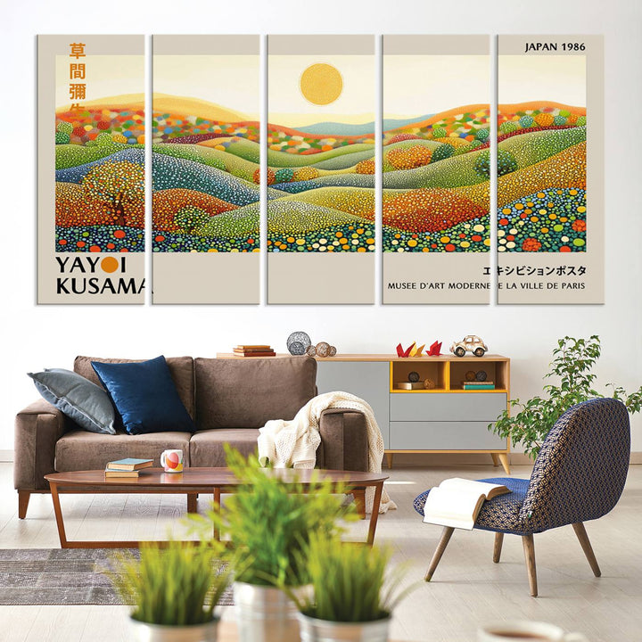 The Yayoi Kusama Wabi Sabi Japanese Wall Art Print features a vibrant landscape with dots, sun, and mountains.