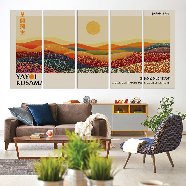 A Yayoi Kusama Wabi Sabi Japanese Wall Art Print features a vibrant, abstract landscape on canvas.