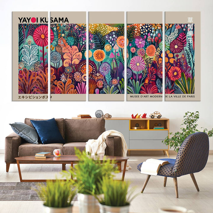 A framed "Yayoi Kusama Wall Art Canvas Print" showcases an abstract floral design, reflecting Japanese aesthetics.