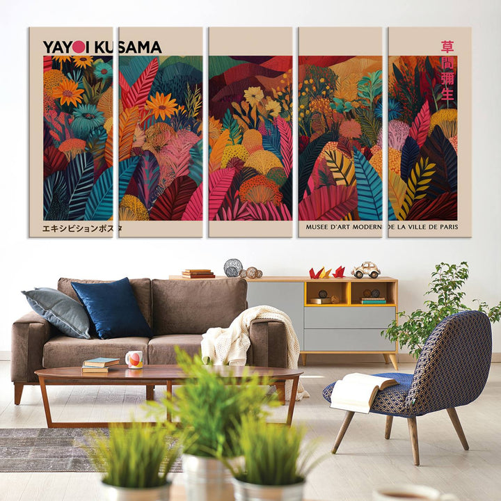 The Yayoi Kusama Inspired Wall Art Canvas Print features colorful flowers and foliage, presented with a premium canvas and gallery-quality finish.