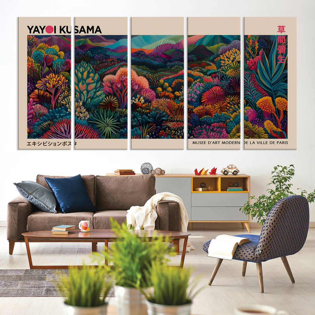 The Yayoi Kusama Wall Art Canvas Print features a vibrant and colorful landscape with abstract vegetation, perfectly capturing the essence of Japanese Wabi Sabi aesthetics.