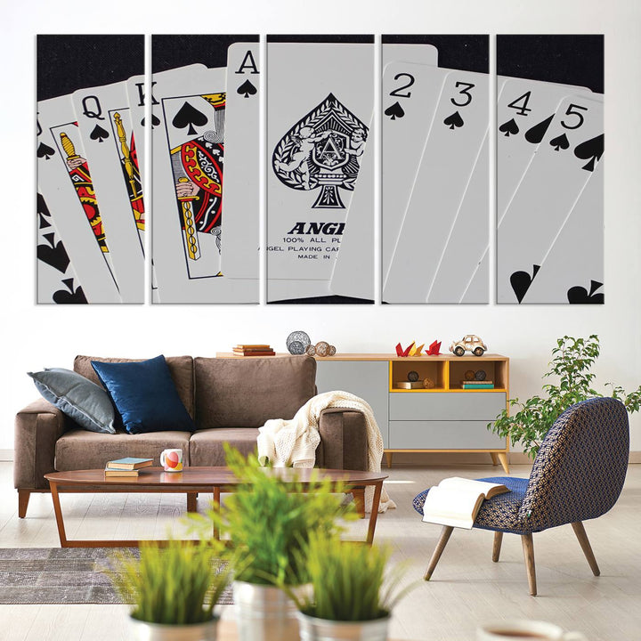 The oversized Poker Wall Art features the Ace of Spades and is displayed on a porch.