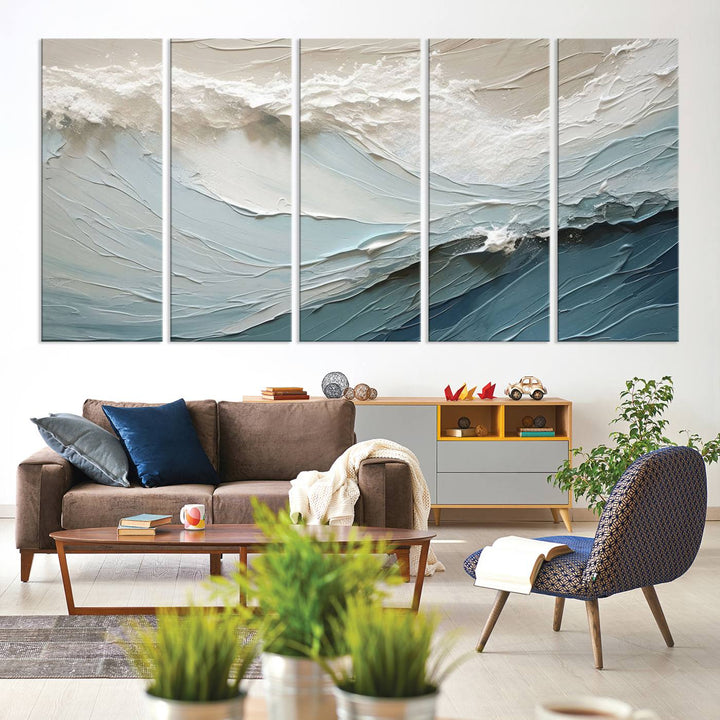 Waves Abstract Wall Art Print displayed on a porch with white siding.