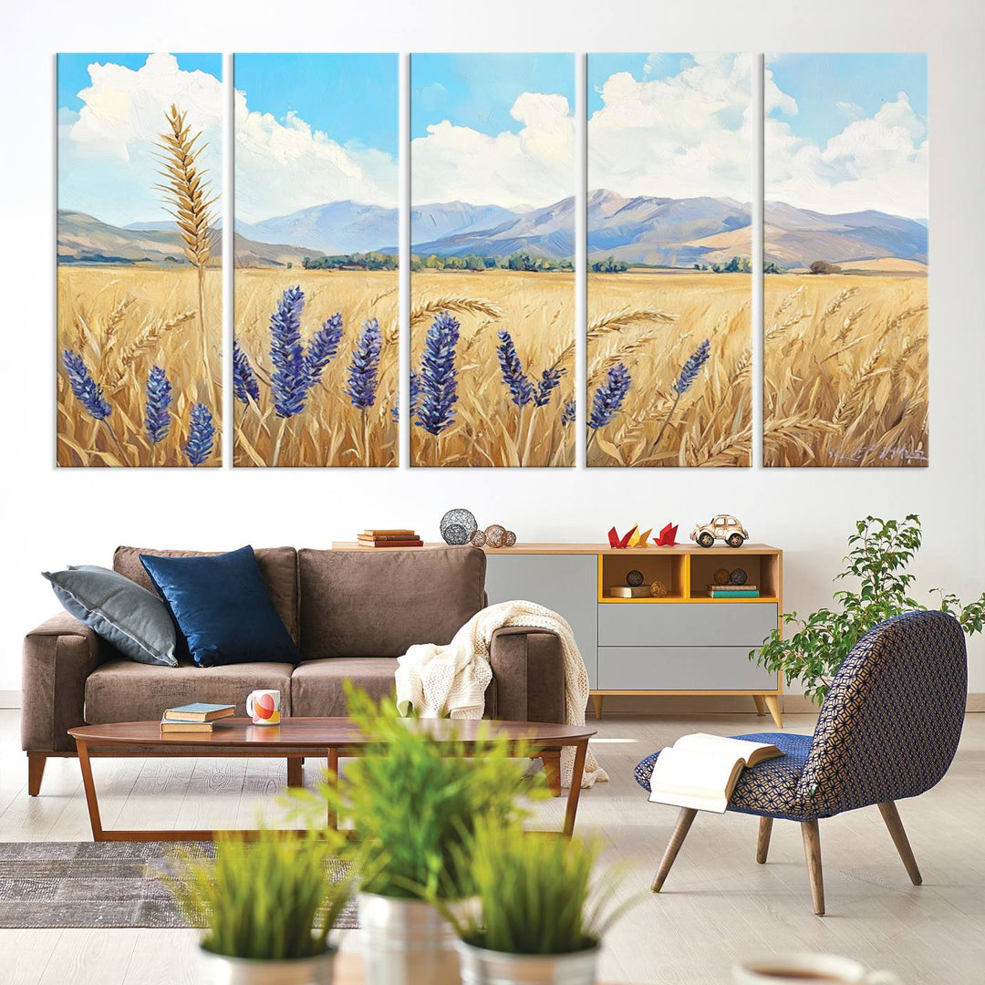 Abstract Wheat Field Wall Art, featuring a scenic landscape canvas print of golden wheat and lavender, adds charm to any farmhouse or rustic decor.