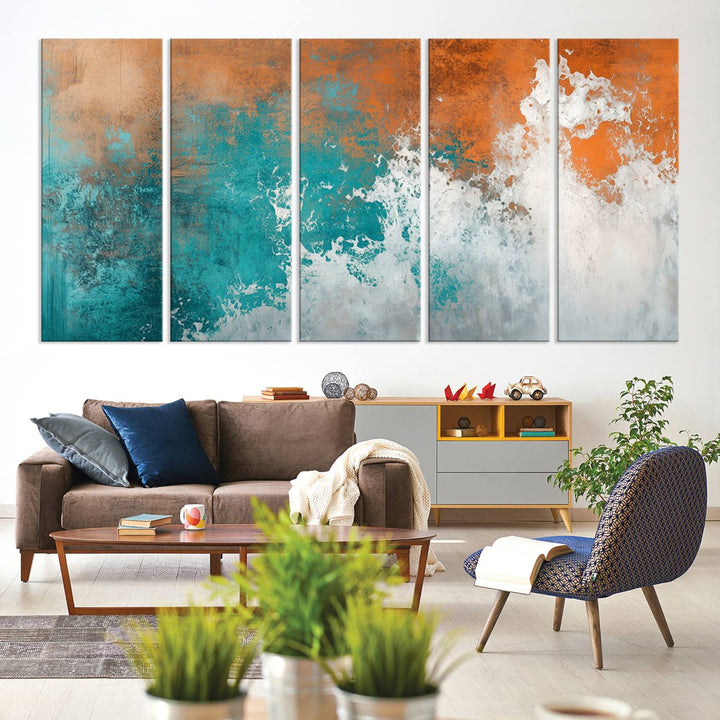Vintage Abstract Print - Bold Teal and Orange Canvas Wall Art - Retro-Vintage Abstract Orange Canvas for Modern Decor