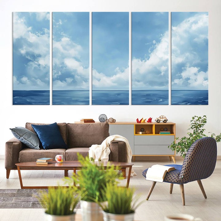 Abstract Ocean Print - Serene Blue Canvas displayed on a porch featuring minimalist decor.