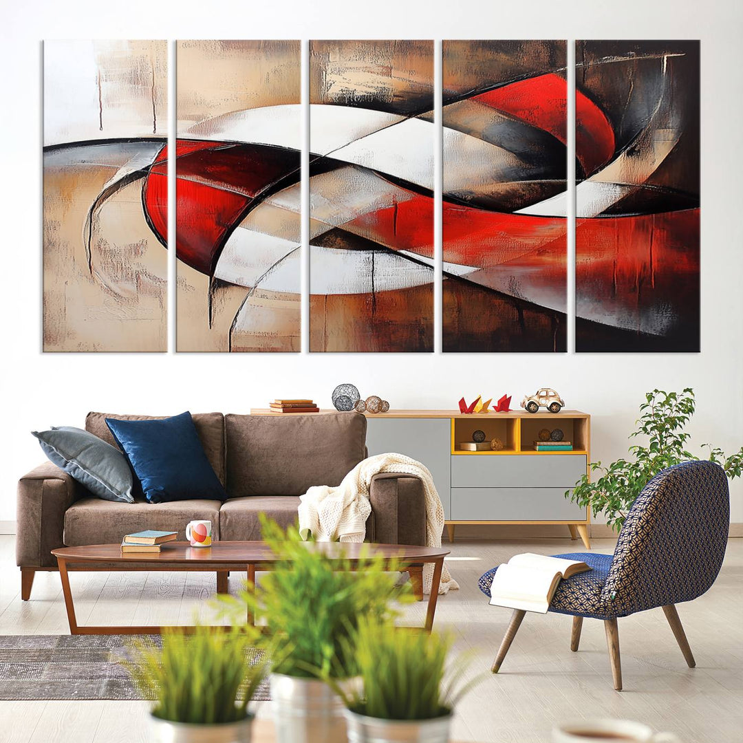 In a contemporary living room, the sunlight casts artistic shadows and highlights an abstract triptych wall art featuring bold red and white geometric shapes.