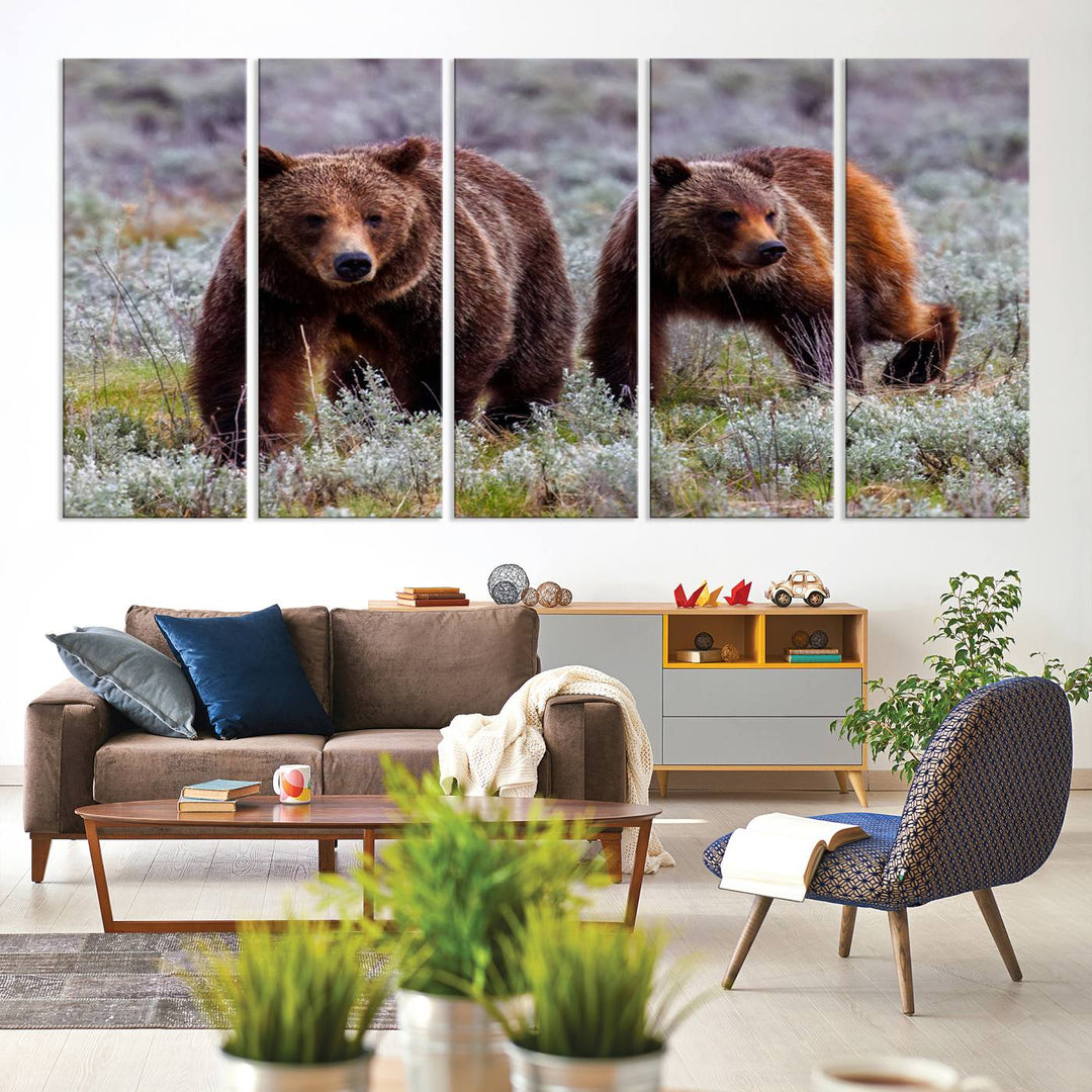 The "Grizzly 399 in Wild Flowers" wall art canvas print, showcasing grizzly bears amidst vibrant wildflowers, elegantly captures the enchanting essence of nature. This handmade piece from the USA brings striking beauty to any space.