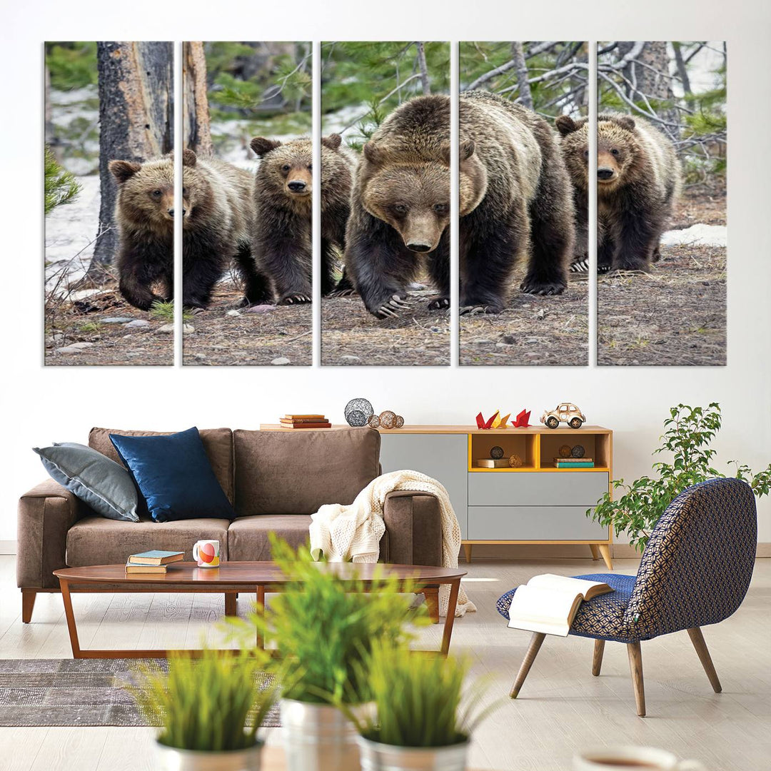 The wall art, a breathtaking canvas print titled "Queen of the Tetons," features 399 Grizzly Bear Cubs majestically captured in a forest setting. It is printed on premium canvas and handmade in the USA.