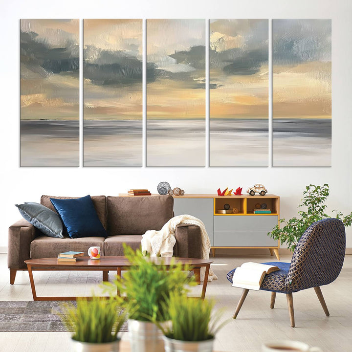 The Modern Coastal Wall Art Canvas Print features vibrant abstract ocean waves and clouds.