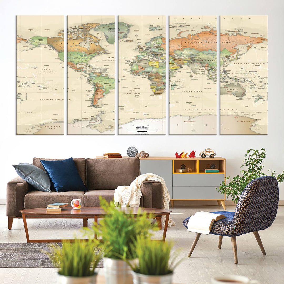 The Large Push Pin World Map Wall Art Canvas Print, with a gallery-quality finish, is carefully crafted on premium canvas and handmade in the USA. This piece adds a touch of elegance to any space.