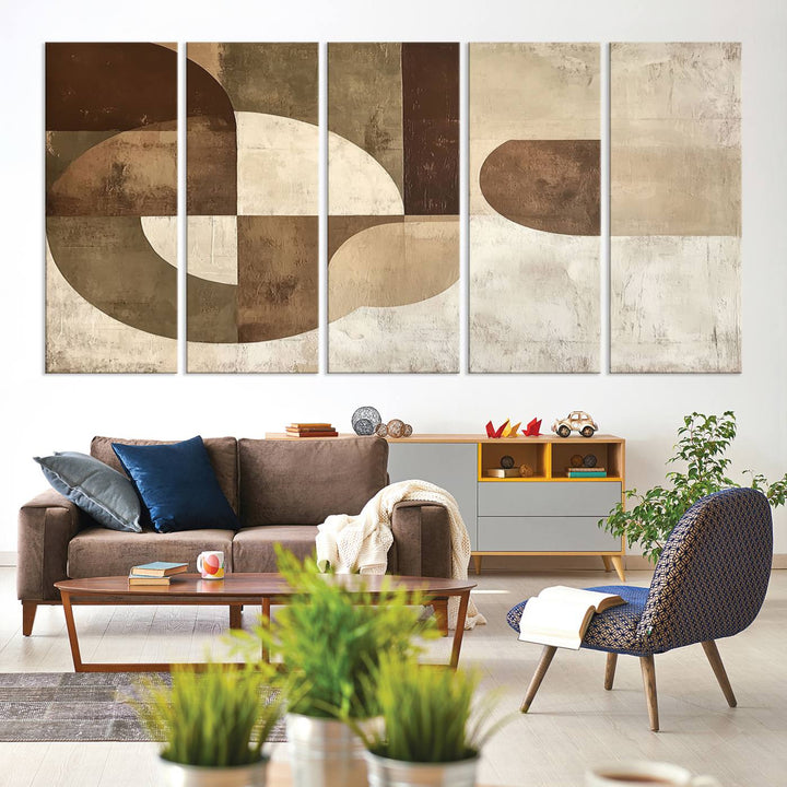 A Wabi Sabi Geometric Minimalist Wall Art Canvas Print—with a modern abstract geometric design in brown and beige tones—stands proudly in front of a house.