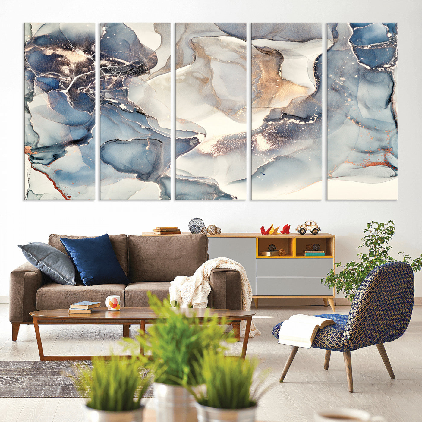 MGV-CV-60X31-5P - Abstract Blue and Gold Canvas Wall Art - Fluid Ink Artwork - Modern Luxury Wall Decor for Contemporary Interiors
