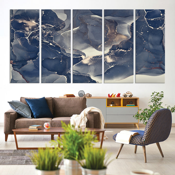 Large Abstract Blue and Gold Canvas Wall Art | Fluid Ink Artwork Print | Luxury Wall Decor for Contemporary Interiors | Framed Ready to Hang