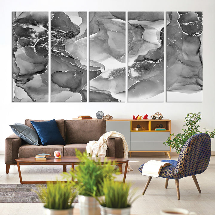Black White Abstract Canvas Wall Art - Fluid Ink Artwork - Modern Luxury Wall Decor for Contemporary Interiors