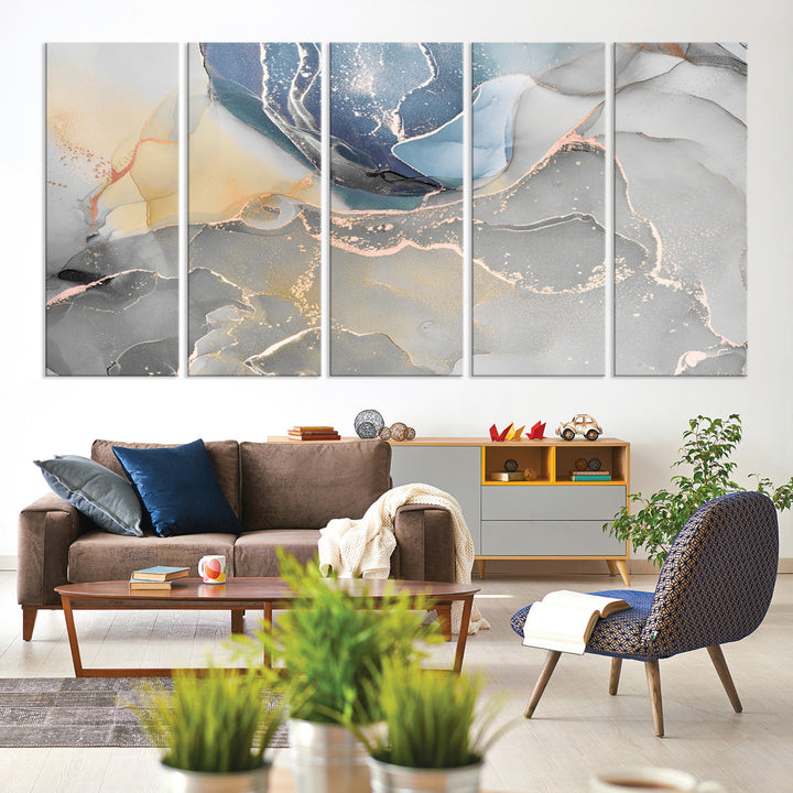 Large Abstract Blue and Gold Canvas Wall Art | Fluid Ink Artwork Print | Luxury Wall Decor for Contemporary Interiors | Framed Blue and Gold